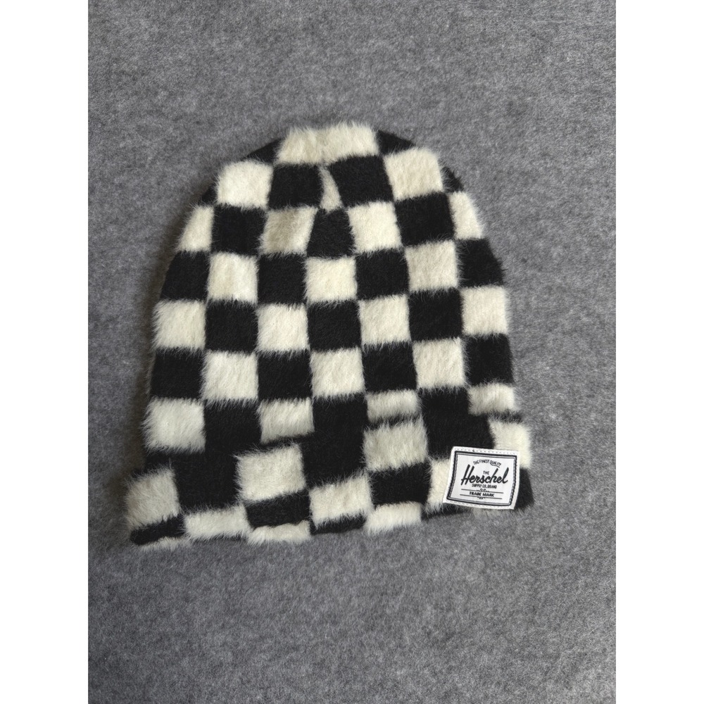 Herschel Beanie Unisex OS Black White Excellent Fuzzy Checkered Streetwear Hat